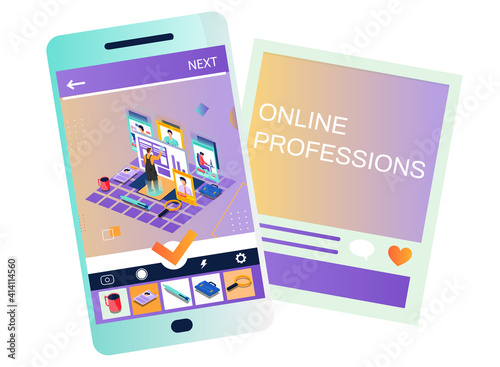 Mobile phone with webpage on topic of online professions. Man chooses vacancy on job search site. Specialists work remotely. Business platform in internet with offer of teleworking, app for applicants