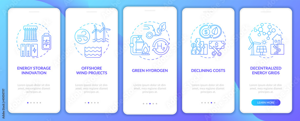 Offshore wind projects onboarding mobile app page screen with concepts. Energy storage innovation walkthrough 5 steps graphic instructions. UI vector template with RGB color illustrations