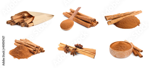 Set with aromatic cinnamon sticks and powder on white background, banner design