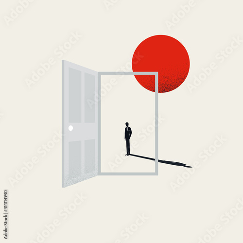 Business career opportunity vector concept with businessman standing in the door. Symbol of ambition, motivation.
