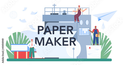 Paper maker typographic header. Paper factory process. Cutting wood