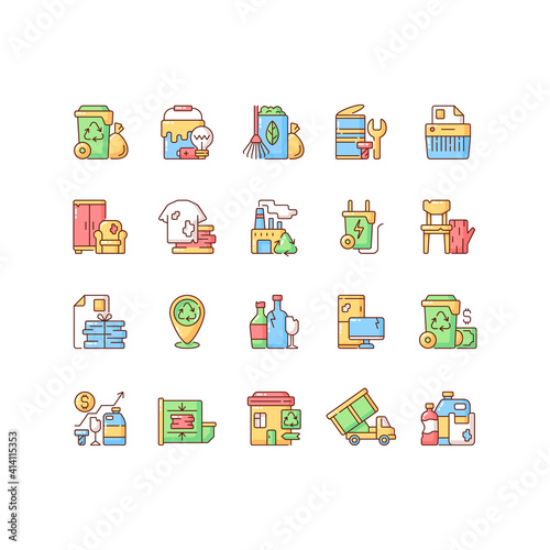 Waste management RGB color icons set. Residential waste collection. Paper shredding. Grass clippings, leaves, branches. Drop-off locations. Trash compactor. Bulky refuse. Isolated vector illustrations