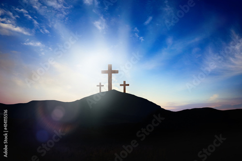 Christian croses on hill outdoors at sunrise. Resurrection of Jesus