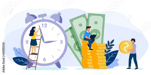 Times is money Concept save time Money saving Financial investments in stock market future income growth Tiny people characters working together with clock vector illustration