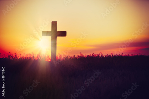 Christian cross outdoors at sunset. Crucifixion Of Jesus