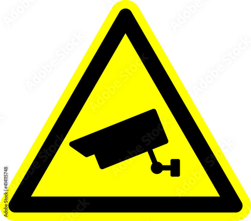 CCTV camera symbol sign. Warning symbol for notice this area has camera recording operation. Yellow and black triangular sign or icon symbol.