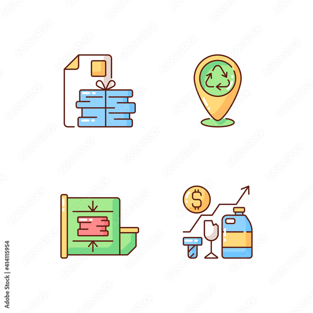 Trash removal RGB color icons set. Paper recycling. Dropoff locations. Waste analytics. Trash