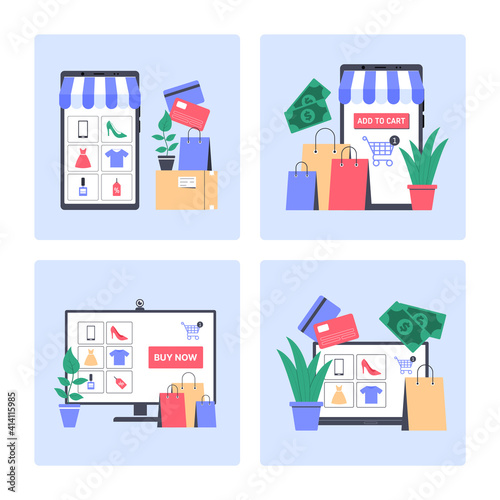 Online Shopping. Perfect for web design, banner, mobile app, landing page. Set of Online Shopping icons. Vector illustration.
