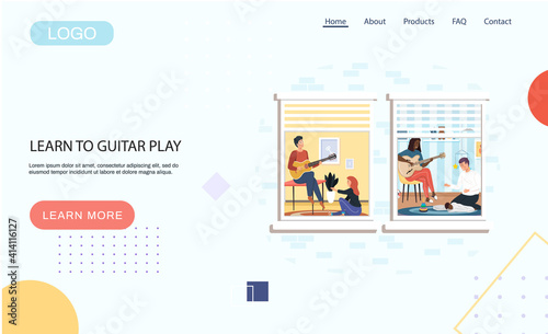 Learn to guitar play landing page template with young people are passionate about music and singing songs Man playing guitar at home with girl, engaged in hobby, parents sings lullaby for little baby