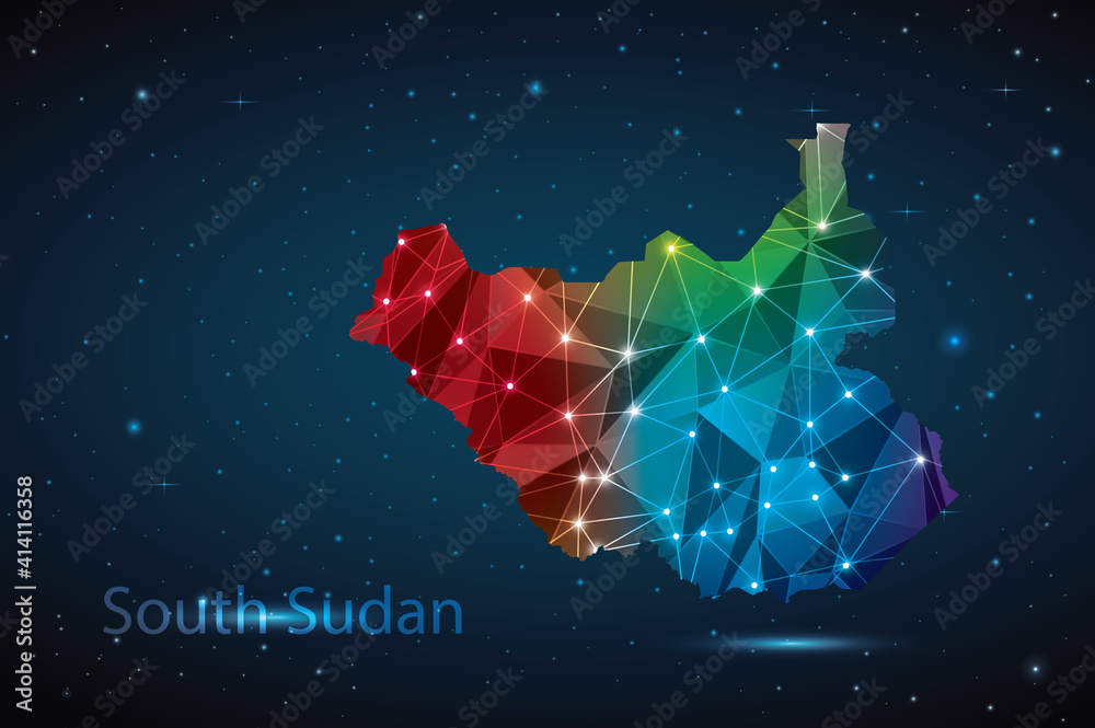 Abstract Polygon Map of South Sudan. Vector Illustration Low Poly Color Rainbow on Dark Background. Abstract Polygon Map of South Sudan. Vector Illustration Low Poly Color Rainbow on Dark Background.