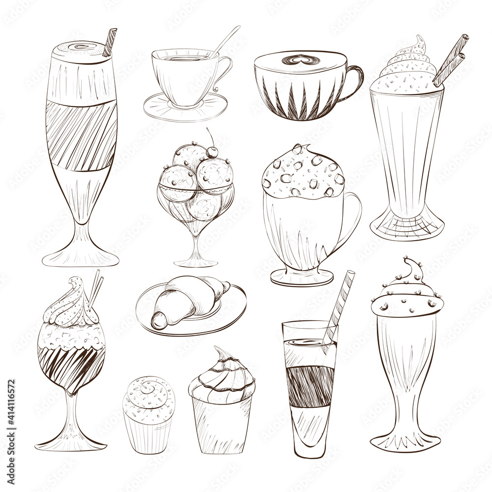 set of objects sketch illustration of coffee cups black and white