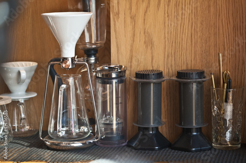 coffee hand brewing devices in coffee shop - gina, american press and aeropress photo