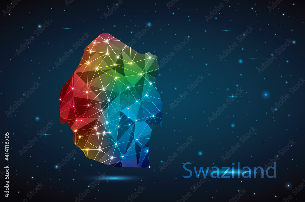 Abstract Polygon Map of Swaziland. Vector Illustration Low Poly Color Rainbow on Dark Background. Abstract Polygon Map of Swaziland. Vector Illustration Low Poly Color Rainbow on Dark Background.