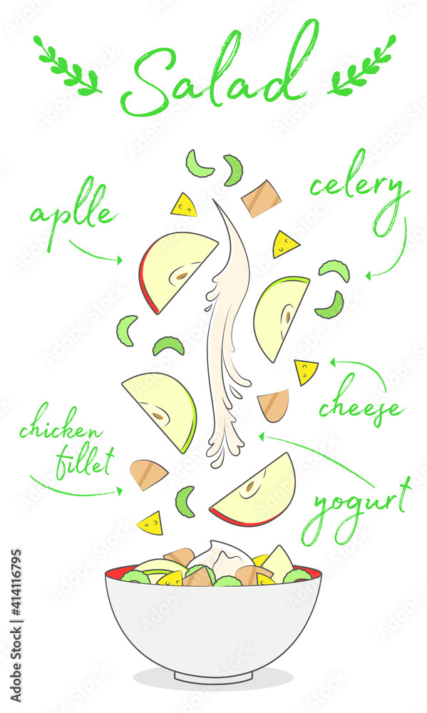menu bar, delicious diet vegetable salad composition, chicken, celery, apple menu bar, delicious diet vegetable salad composition, chicken, celery, apple