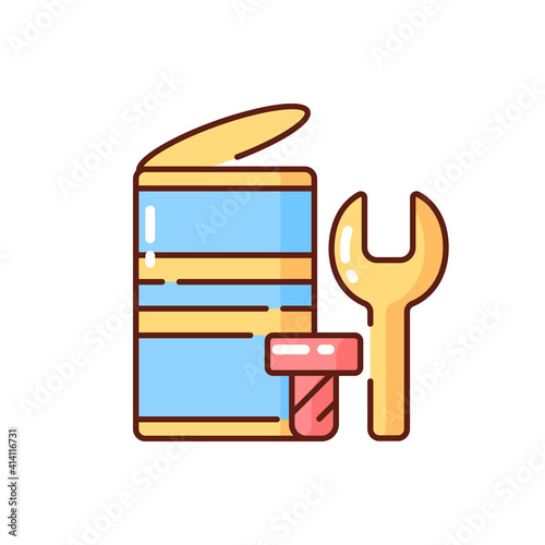 Metal waste RGB color icon. Scrap iron and aluminium components. Drink cans. Spent battery casings. Ferrous, non-ferrous metals. Metal containers with hazardous contents. Isolated vector illustration