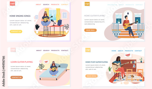 Set of illustrations with men learn and practice playing guitar. People perform music and songs. Guitarists use stringed instrument. Website about guitar playing. Musicians create melodies and sing