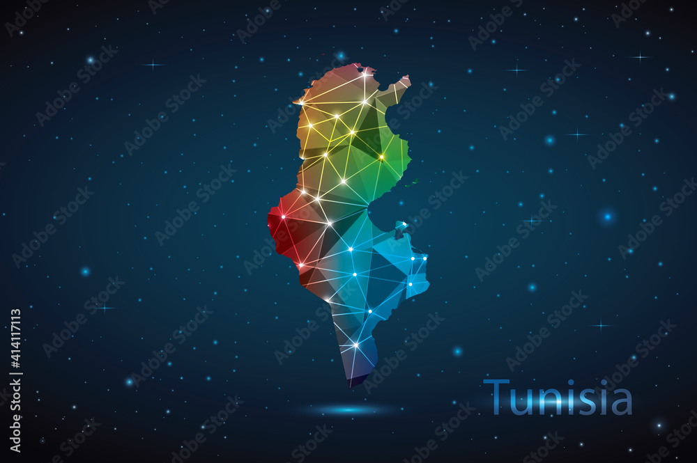 Abstract Polygon Map of Tunisia. Vector Illustration Low Poly Color Rainbow on Dark Background. Abstract Polygon Map of Tunisia. Vector Illustration Low Poly Color Rainbow on Dark Background.
