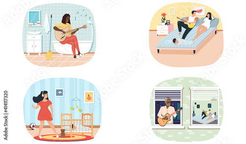 Set of illustrations about characters performing songs and presenting music to listeners. People play guitars. Musicians use stringed musical instrument to create melody. Guitarists practice playing