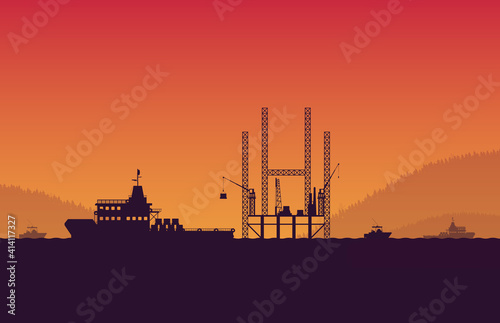 silhouette service vessel ship with operation petroleum platform on orange gradient background
