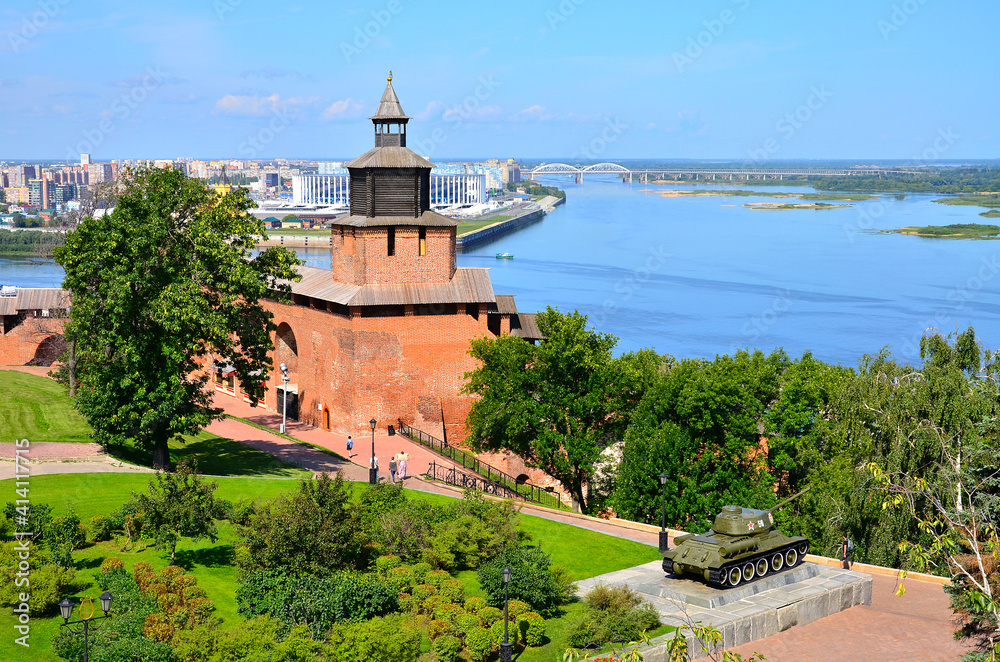 Russia, View of Nizhny Novogorod promenade, Kremlin, church and Stadium, building for the 2018 FIFA World Cup