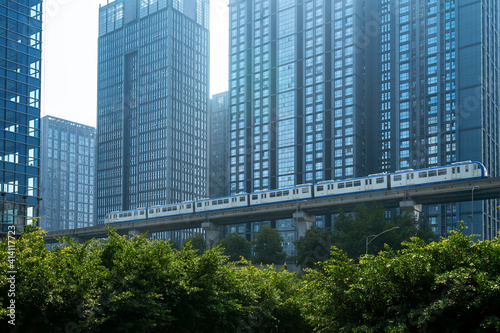 Light rail runs on bridges at high speed in Chongqing  China