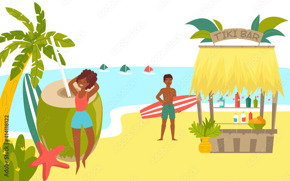 African character rest tropical beach, surfing sport vacation, woman pose coconut man hold surfboard cartoon vector illustration. Hot country sea front, male female relax sand shore bar.