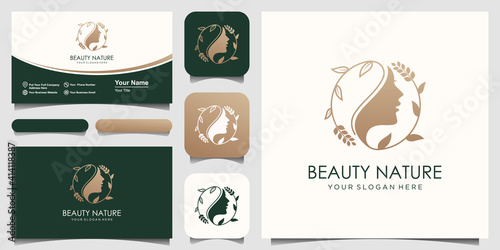 woman face with leaf style stylized silhouette, beauty salon logo design.