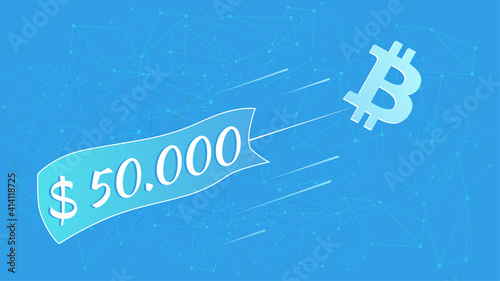 Bitcoin BTC flies with sticker 50000 dollars on blue abstract polygonal background. Vector illustration for news.