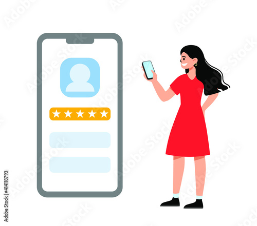 Rating concept. woman puts a rating of 5 stars in a smartphone. Flat  style. Landing page template. Vector illustration.