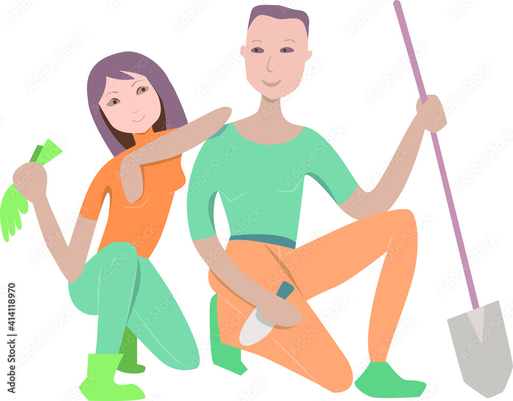 Happy couple ready to gardening. Farmers isolated on white background Happy couple ready to gardening. Farmers isolated on white background
