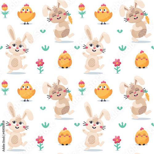 Cute vecor Easter spring seamless pattern with Bunnies and Chickens. Happy Easter seamless pattern.