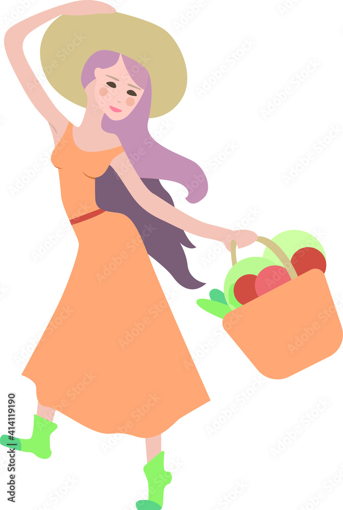 Young woman holding basket with fresh vegetables. Farmer isolated on white background. illustration can be used for vegetable picking, , farming