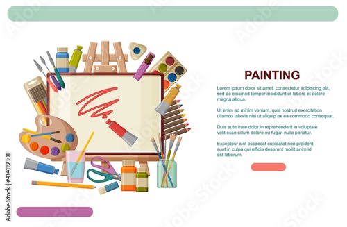 Paint art tools and table easel. Watercolor  gouache oil and acrylic paints. Painting studio web banner template or landing page. Vector illustration