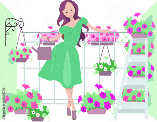 Pretty girl standing at a balcony around home plants and flowers. Young woman isolated on white background. illustration can be used for plant growing, gardening, home decoration