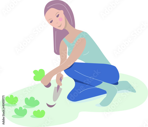 Young woman planting flowers and vegetables. illustration can be used for gardening and farming