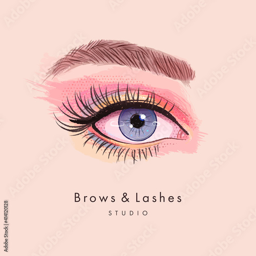 Hand drawn beautiful female eye with long black eyelashes and brows. Vector illustration