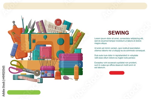 Sewing machine and mannequin, threads, needles and scissors. Sewing web banner template or landing page. Vector illustration
