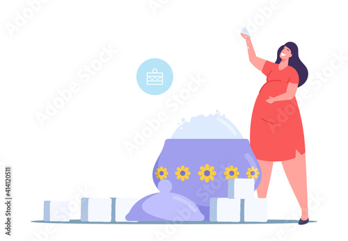 Overdose Glucose Eating Problem, Sugar Consumption, Addiction Concept. Tiny Fat Female Character at Huge Sugar Bowl