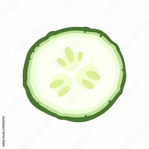 Round slice of cucumber isolated on white background. Vector illustration in cartoon flat style.