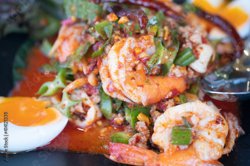 Thai Wing bean with shrimp salad served with soft boiled egg