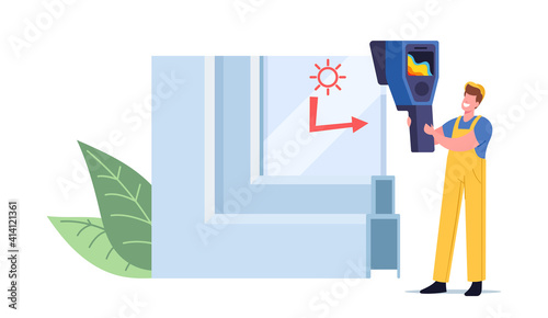 Tiny Worker at Window Pvc Profile Cross Section View Measuring Temperature of Glass Surface Presenting Plastic Glass