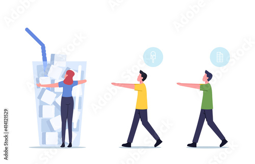 Sugar, Consumption, Addiction. Tiny People Walk Like Zombie to Huge Glass with Sugar Cubes. People Addict of Junk Food