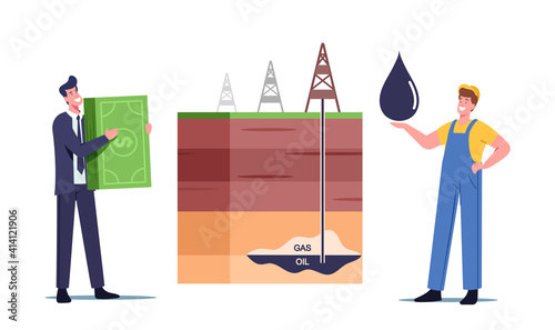 Businessman and Worker Characters Change Oil on Money at Cross Section Platform with Rig Extracting Oil or Gas Formation