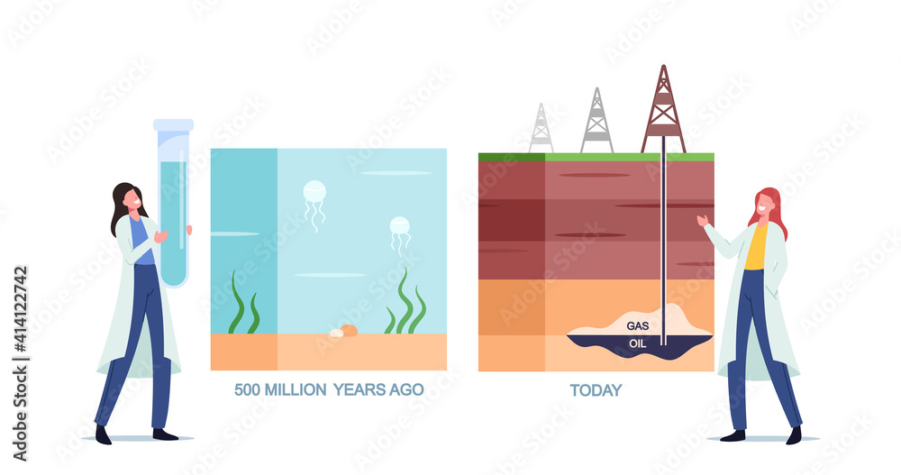 Scientist Female Characters Presenting Oil and Gas Natural Formation Infographics from Million Years Ago to Today Scientist Female Characters Presenting Oil and Gas Natural Formation Infographics from Million Years Ago to Today