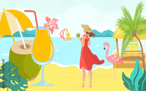 Vacation hot tropical country, woman character beach oceanfront with yacht, female drink coconut water cartoon vector illustration. Flamingo stand, fruit alcoholic cocktail and sand sea shore. © partyvector