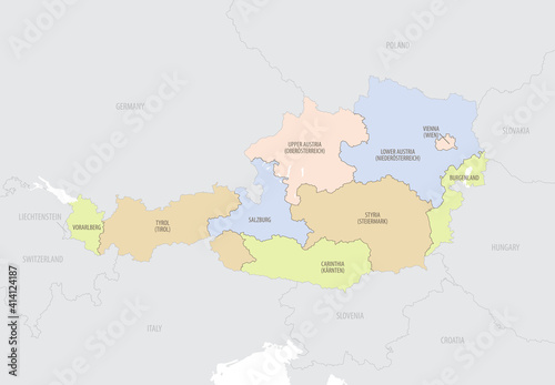 Location map of Austria in Europe with administrative divisions, detailed vector illustration