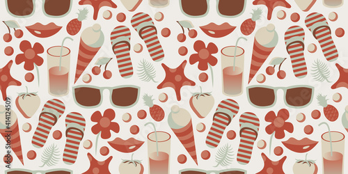 Summer accessories seamless pattern. Repetitive vector illustration of summer items. Strawberries, sandals, drinks, flowers, cherries, icecreams, lips, starfishes, pineapples, sunglasses, lefs.  photo
