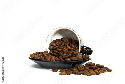 Coffee beans, a coffee cup.