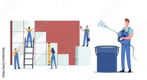 Construction, Home Renovation Works, Tiny Workers Male Female Characters Laying Huge Ceramics on Wall. Repairman Service