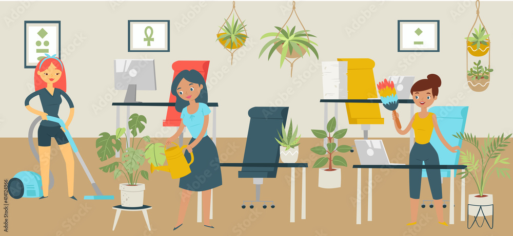 Group character office cleaning services, woman wash business workspace ...
